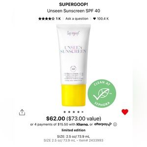 NEW Supergoop Unseen Sunscreen SPF 40 VALUE SIZE NEW